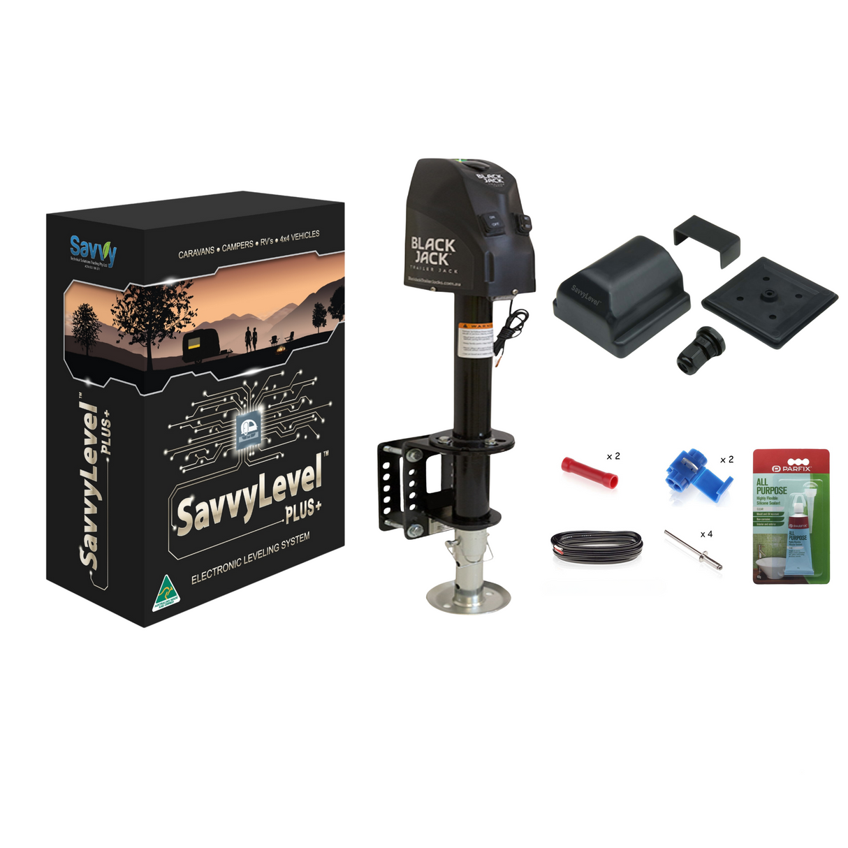 SavvyLevel S4 Complete External Installation Kit & Black Jack™ Trailer Jack Bundle